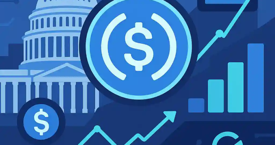 USDC stablecoin with Capitol building, growth charts, and Circle logo symbolizing U.S. Senate regulation vote
