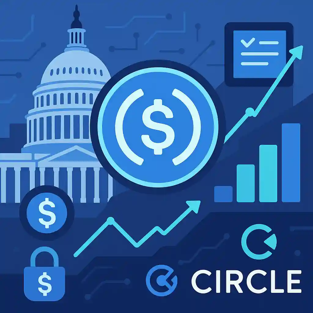 USDC stablecoin with Capitol building, growth charts, and Circle logo symbolizing U.S. Senate regulation vote