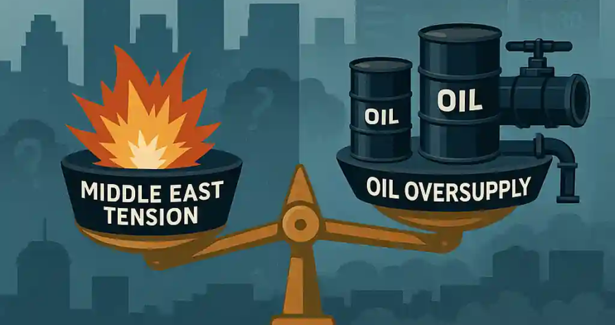 A balanced scale with Middle East tension on one side and oil oversupply on the other, set against Wall Street skyline.