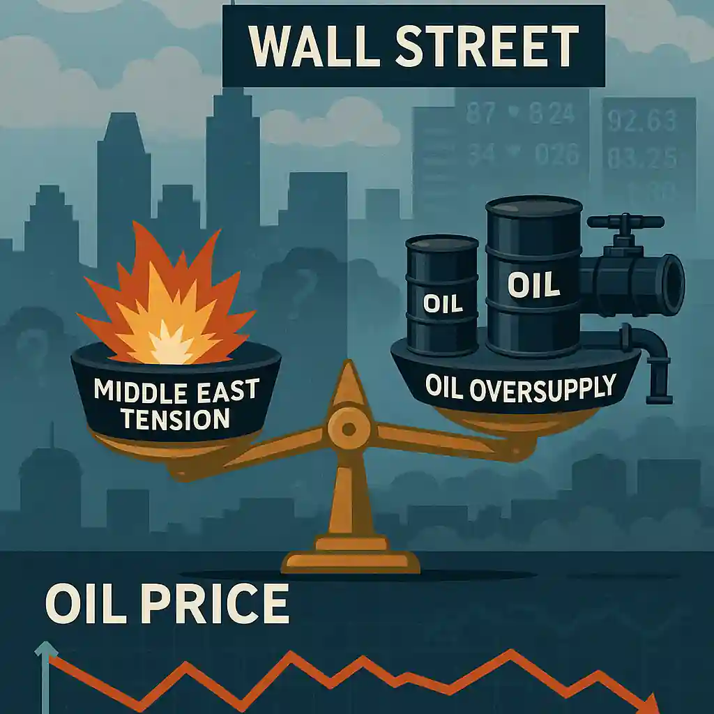 A balanced scale with Middle East tension on one side and oil oversupply on the other, set against Wall Street skyline.