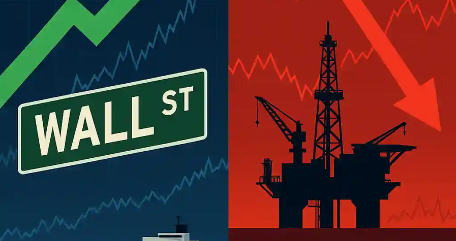Illustration avec flèche verte pour Wall Street et flèche rouge pour le pétrole, symbolisant la divergence entre les marchés actions et l’énergie.