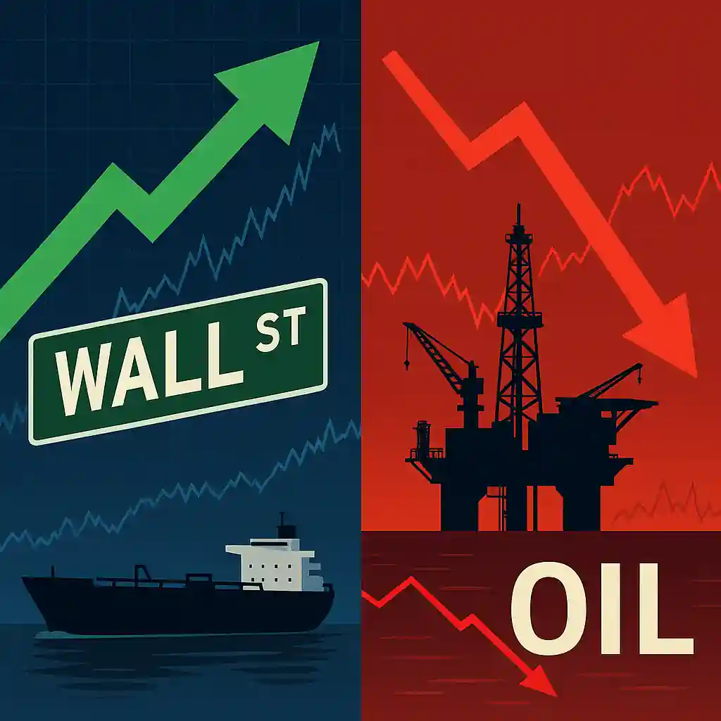 Illustration avec flèche verte pour Wall Street et flèche rouge pour le pétrole, symbolisant la divergence entre les marchés actions et l’énergie.