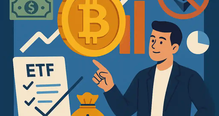 Flat-style illustration of a businessman pointing to a Bitcoin coin, with ETF forms, charts, and a crossed-out Ethereum icon in the background.