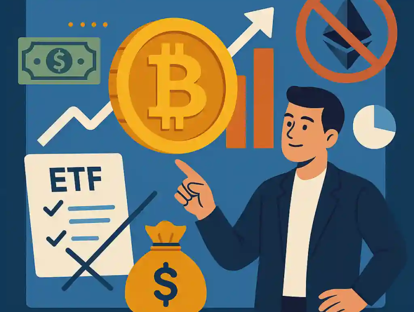 Flat-style illustration of a businessman pointing to a Bitcoin coin, with ETF forms, charts, and a crossed-out Ethereum icon in the background.