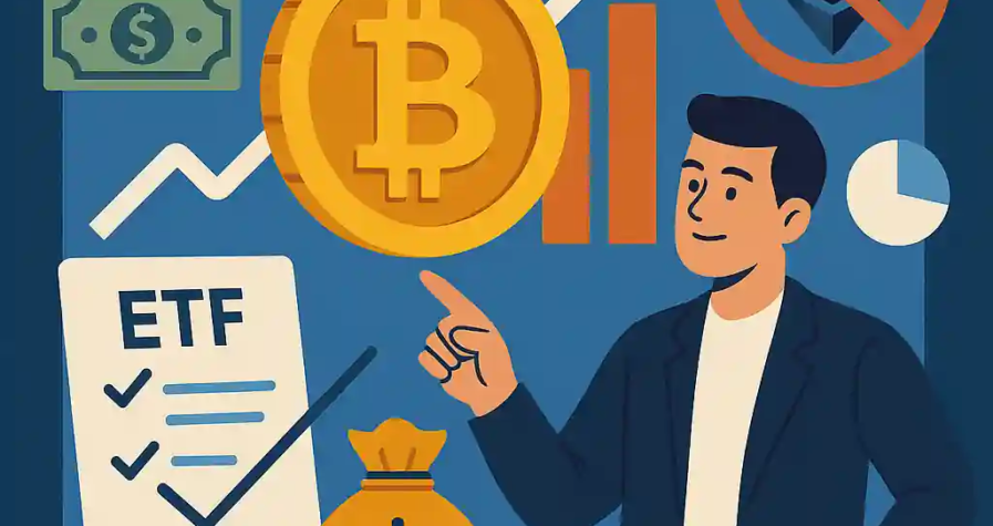 Flat-style illustration of a businessman pointing to a Bitcoin coin, with ETF forms, charts, and a crossed-out Ethereum icon in the background.