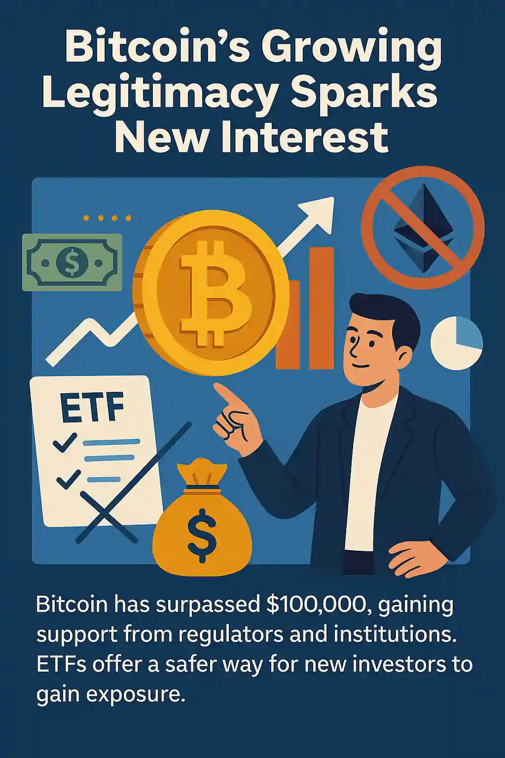 Flat-style illustration of a businessman pointing to a Bitcoin coin, with ETF forms, charts, and a crossed-out Ethereum icon in the background.