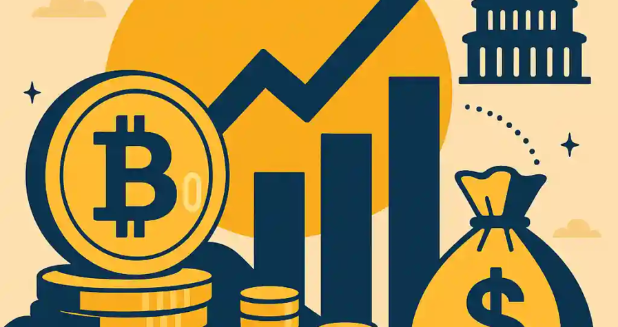 Illustration of Bitcoin stacks, rising chart, and money bag symbolizing growth and adoption.