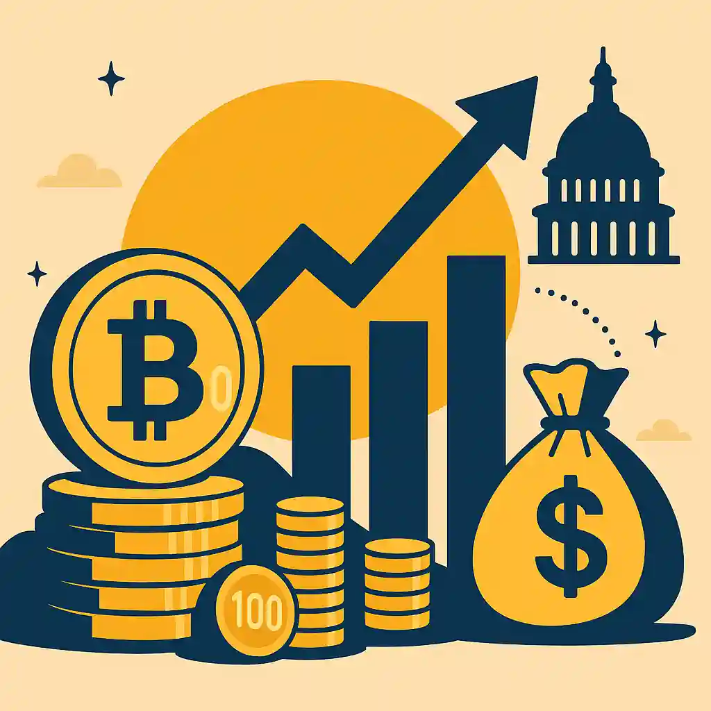 Illustration of Bitcoin stacks, rising chart, and money bag symbolizing growth and adoption.