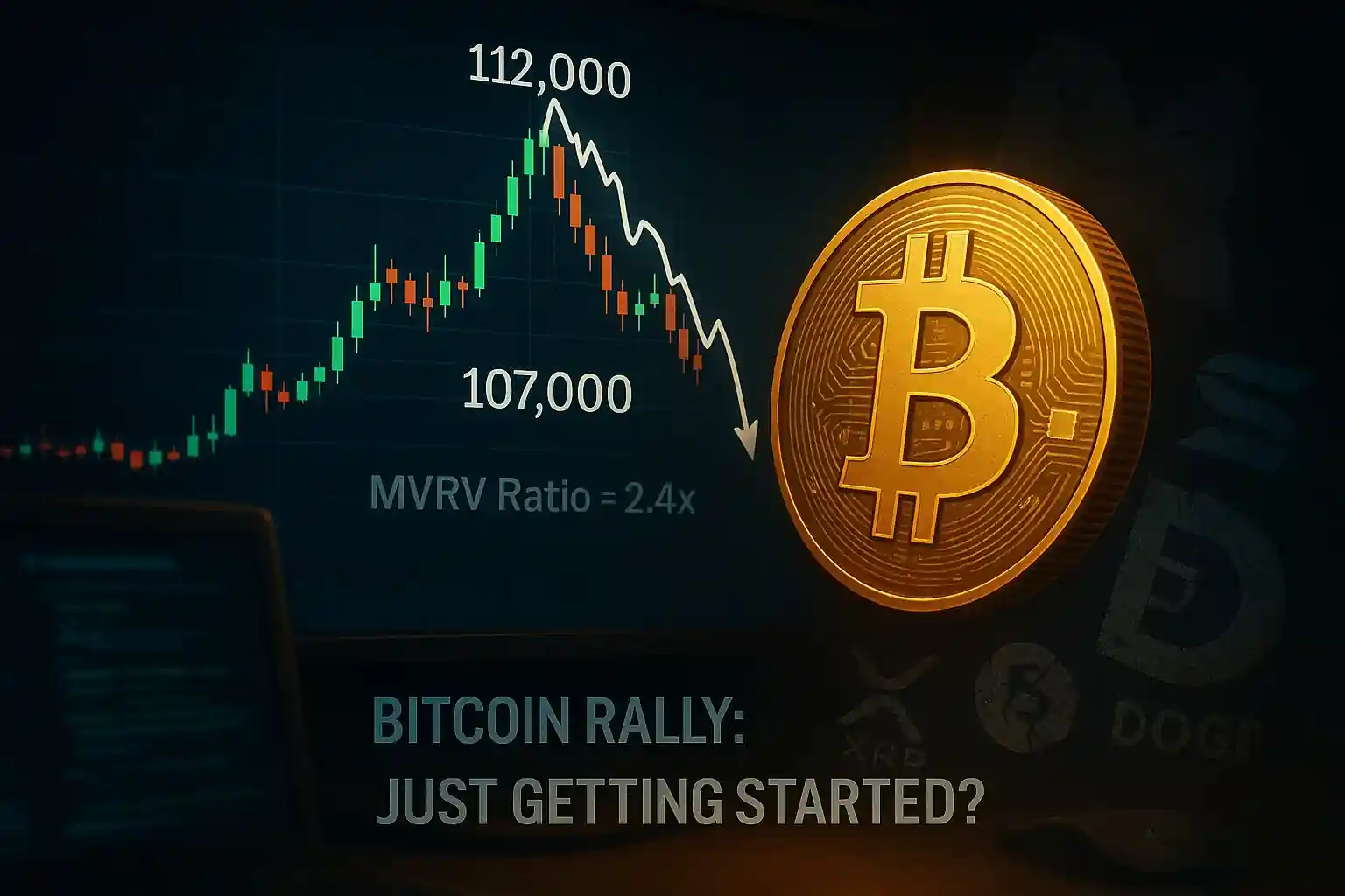 Bitcoin coin rises behind a Nasdaq-style screen showing IBIT ETF and a $13 million price projection, with financial charts and vault imagery.