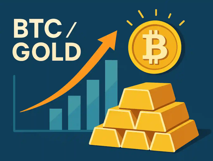 Bitcoin outperforming gold with rising chart in BTC-to-Gold ratio graphic.