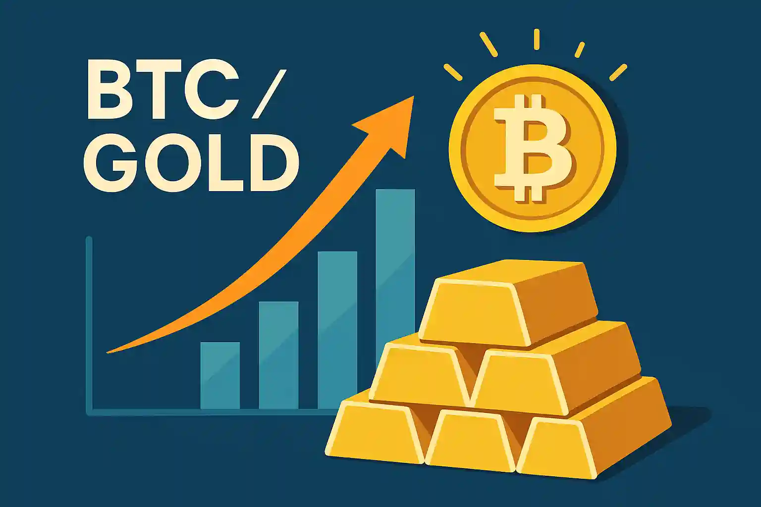 Bitcoin outperforming gold with rising chart in BTC-to-Gold ratio graphic.