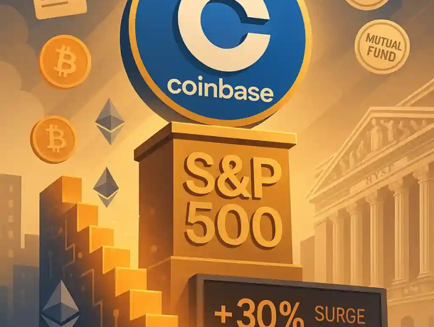 Coinbase digital platform concept with tokenized equity icons, blockchain links, and SEC regulatory symbols highlighting the shift to stock tokenization.