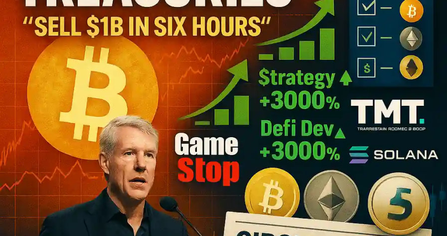 Michael Saylor at a Bitcoin event with corporate logos, rising stock tickers, and a Circle IPO chart, showing the rise of crypto treasury strategies.