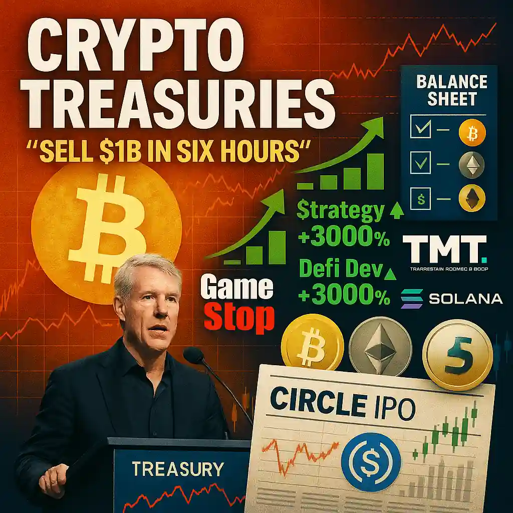 Michael Saylor at a Bitcoin event with corporate logos, rising stock tickers, and a Circle IPO chart, showing the rise of crypto treasury strategies.