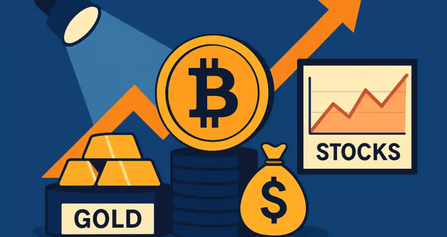 Illustration comparing Bitcoin, gold, and stocks with Bitcoin spotlighted for growth.