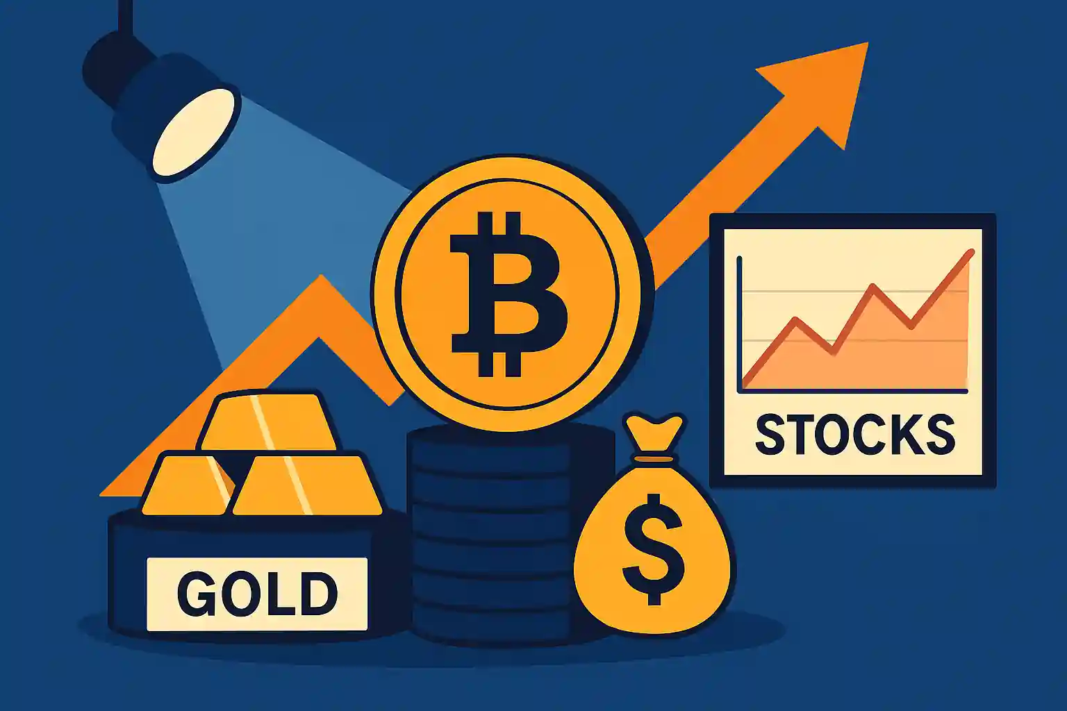 Illustration comparing Bitcoin, gold, and stocks with Bitcoin spotlighted for growth.