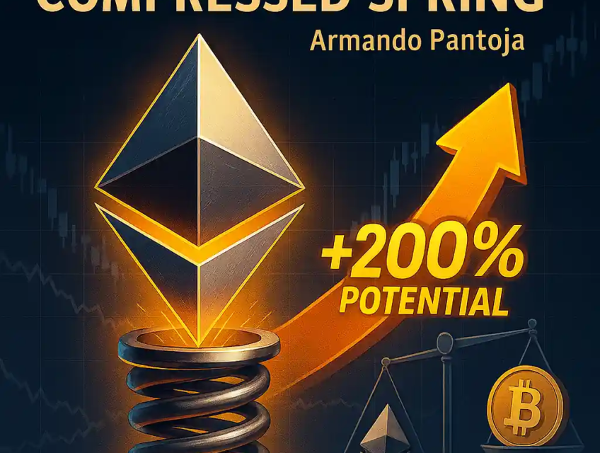 Ethereum logo compressed inside a metal spring with a glowing 200% potential arrow, illustrating Armando Pantoja’s bullish forecast.