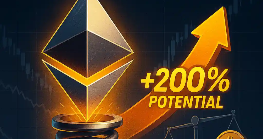 Ethereum logo compressed inside a metal spring with a glowing 200% potential arrow, illustrating Armando Pantoja’s bullish forecast.