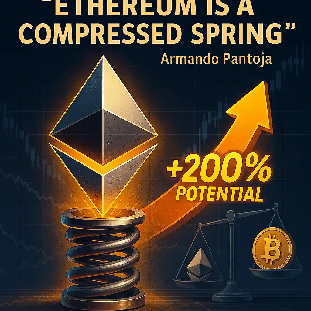 Ethereum logo compressed inside a metal spring with a glowing 200% potential arrow, illustrating Armando Pantoja’s bullish forecast.