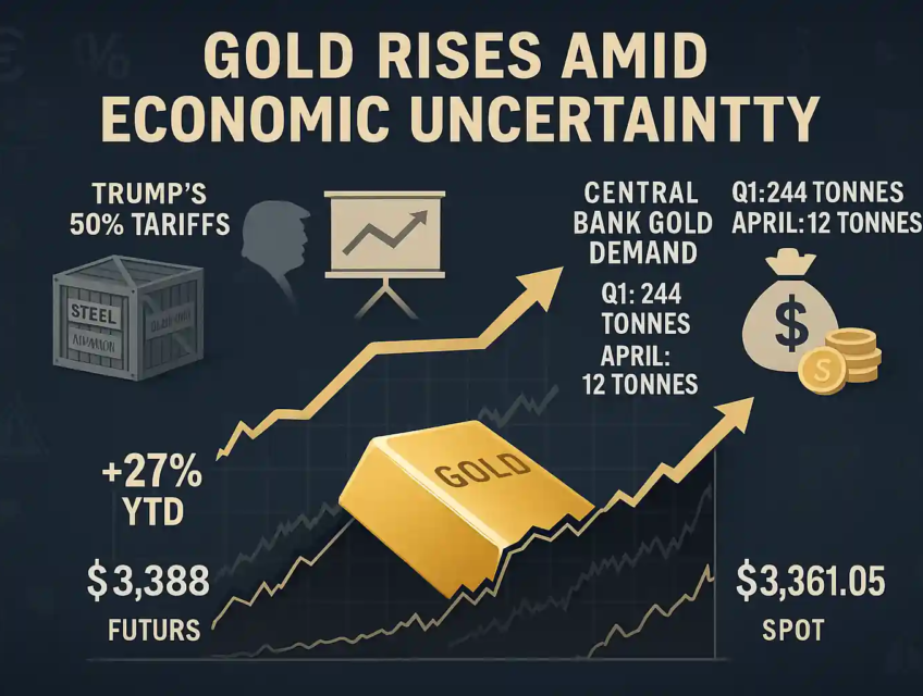 Gold bar rising on price chart with $3,388 futures and $3,361.05 spot, Trump tariff icon, OECD growth cut, and central bank demand metrics.