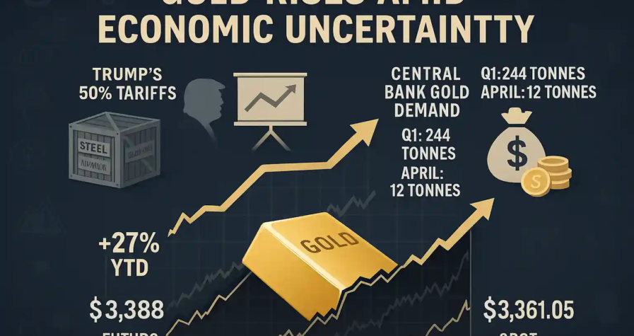 Gold bar rising on price chart with $3,388 futures and $3,361.05 spot, Trump tariff icon, OECD growth cut, and central bank demand metrics.