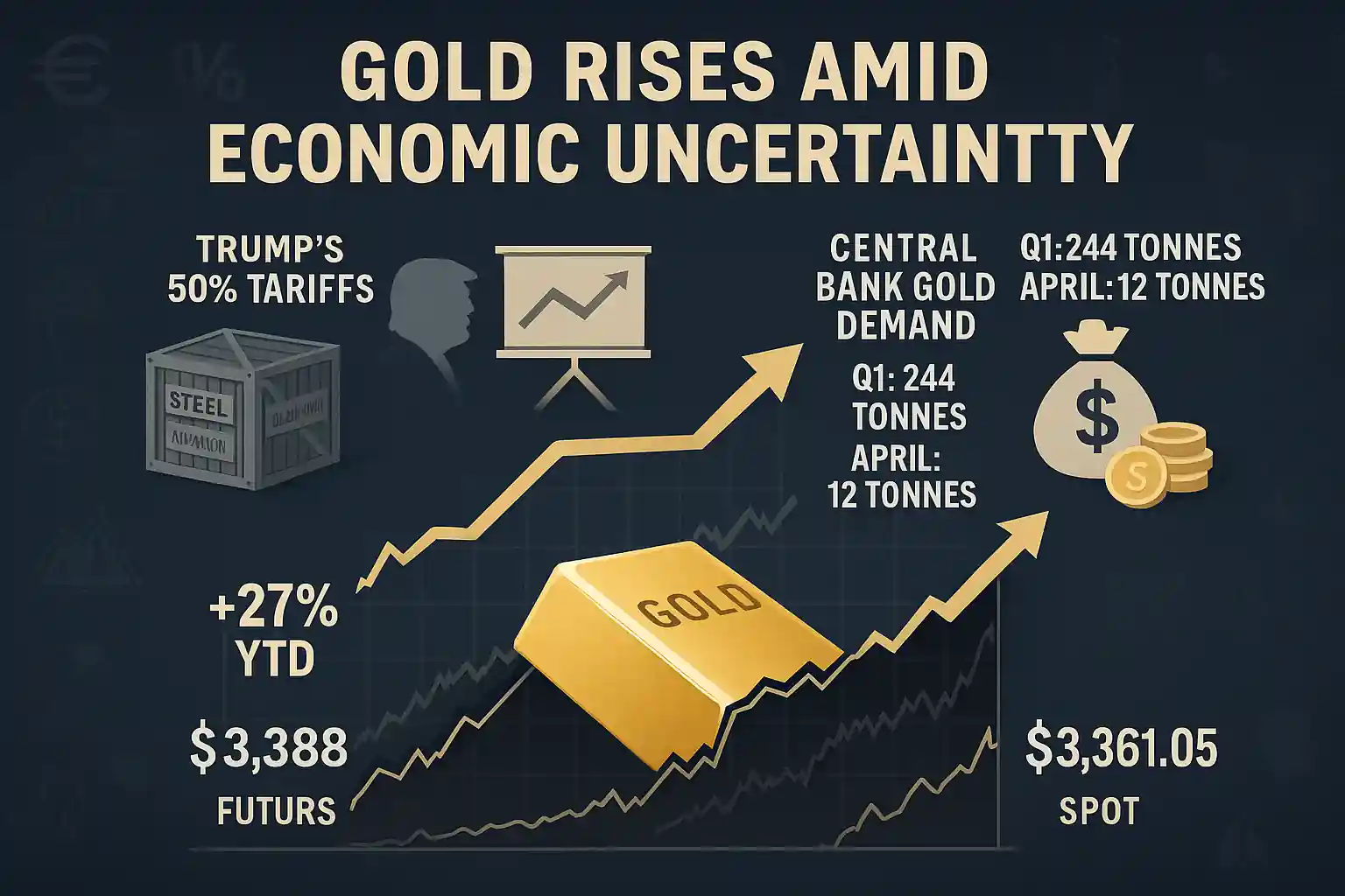 Gold bar rising on price chart with $3,388 futures and $3,361.05 spot, Trump tariff icon, OECD growth cut, and central bank demand metrics.