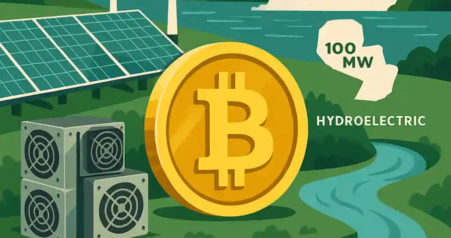 Bitcoin mining infrastructure powered by solar panels, hydroelectric dams, and wind turbines, symbolizing HIVE’s green ESG strategy.