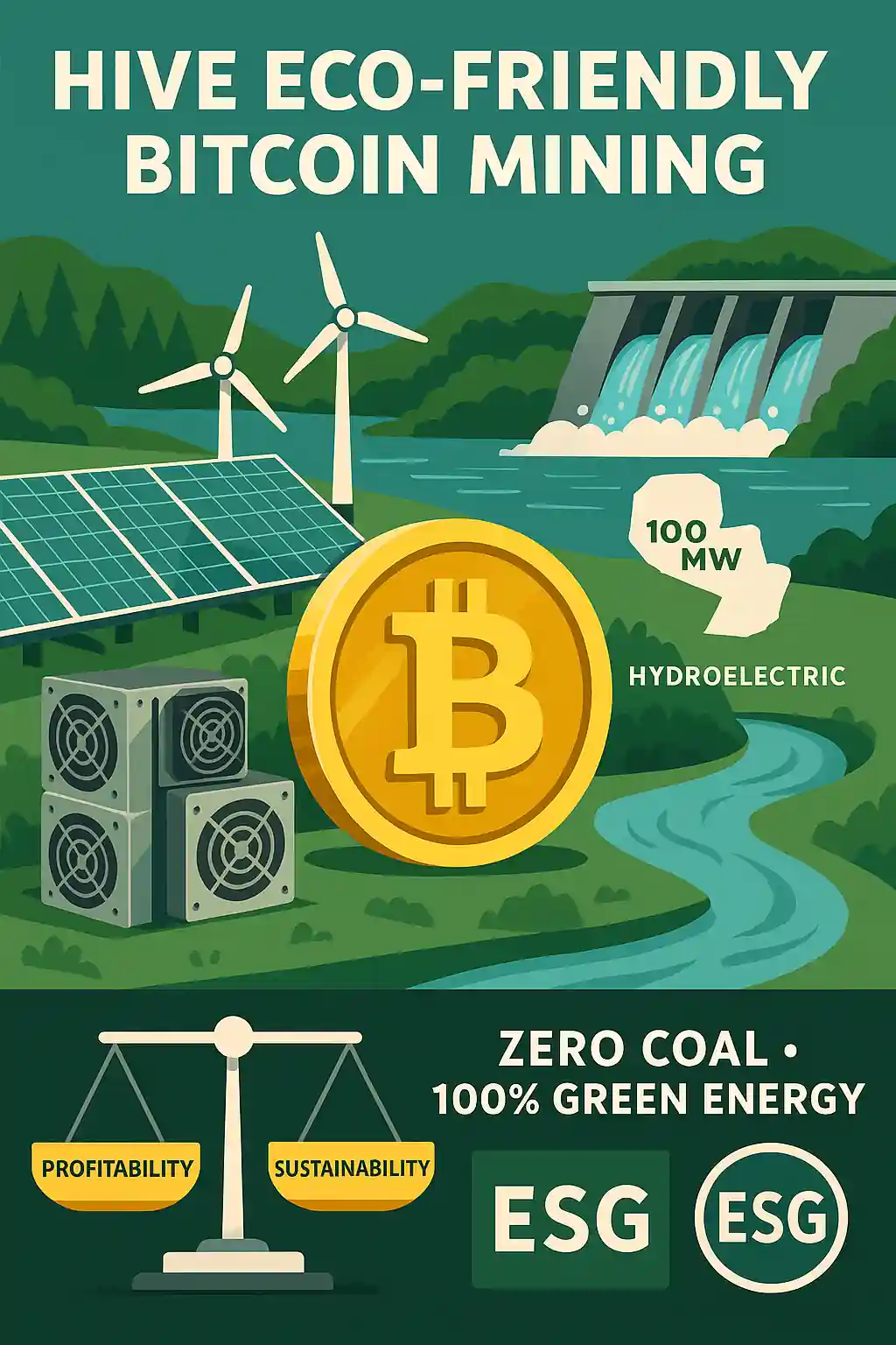 Bitcoin mining infrastructure powered by solar panels, hydroelectric dams, and wind turbines, symbolizing HIVE’s green ESG strategy.
