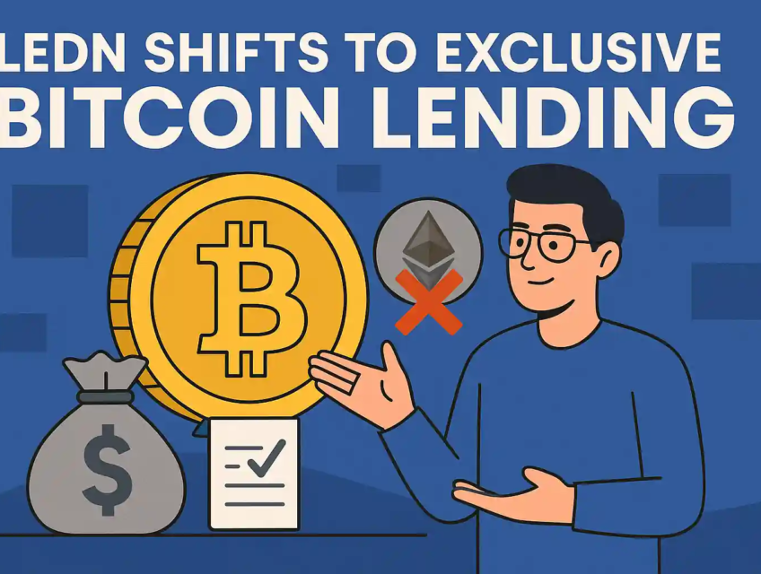 Flat-style digital illustration showing Ledn shifting to Bitcoin lending with a large Bitcoin symbol, crossed-out Ethereum icon, and cash flow visuals.