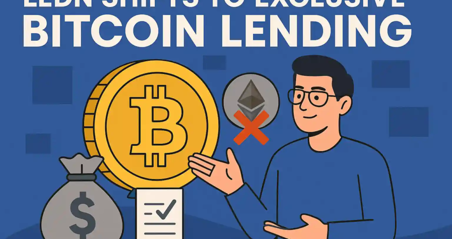 Flat-style digital illustration showing Ledn shifting to Bitcoin lending with a large Bitcoin symbol, crossed-out Ethereum icon, and cash flow visuals.