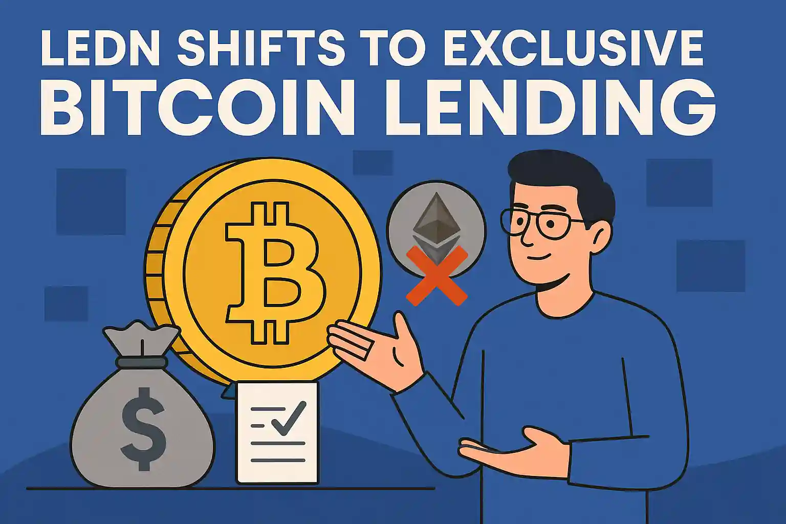 Flat-style digital illustration showing Ledn shifting to Bitcoin lending with a large Bitcoin symbol, crossed-out Ethereum icon, and cash flow visuals.