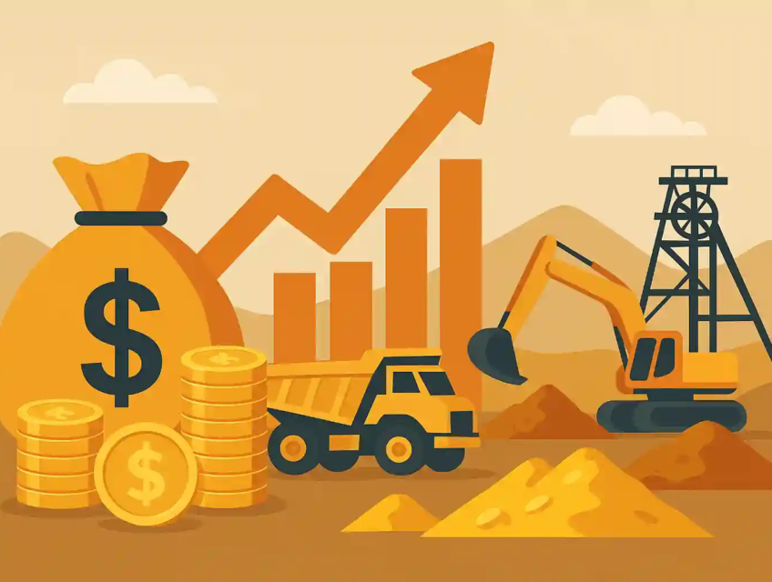 Illustration showing gold mining investment with money bag, coins, and mining equipment.