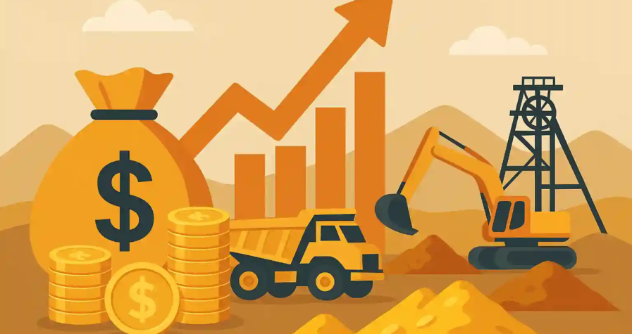 Illustration showing gold mining investment with money bag, coins, and mining equipment.