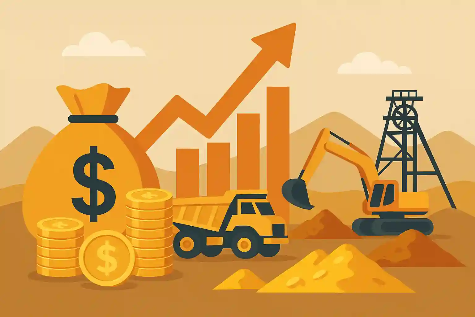 Illustration showing gold mining investment with money bag, coins, and mining equipment.