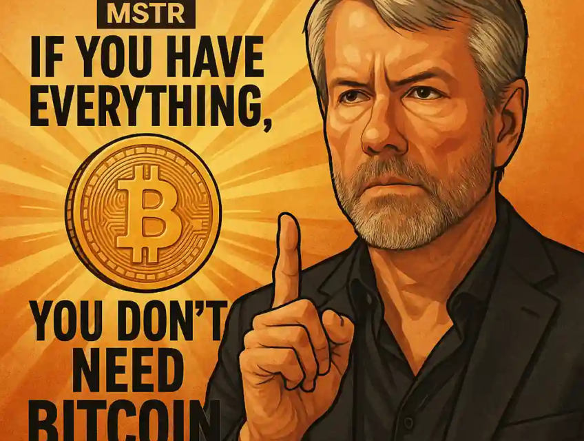 Michael Saylor raises a finger in a serious pose beside a glowing Bitcoin, with the quote “If you have everything, you don’t need Bitcoin.”