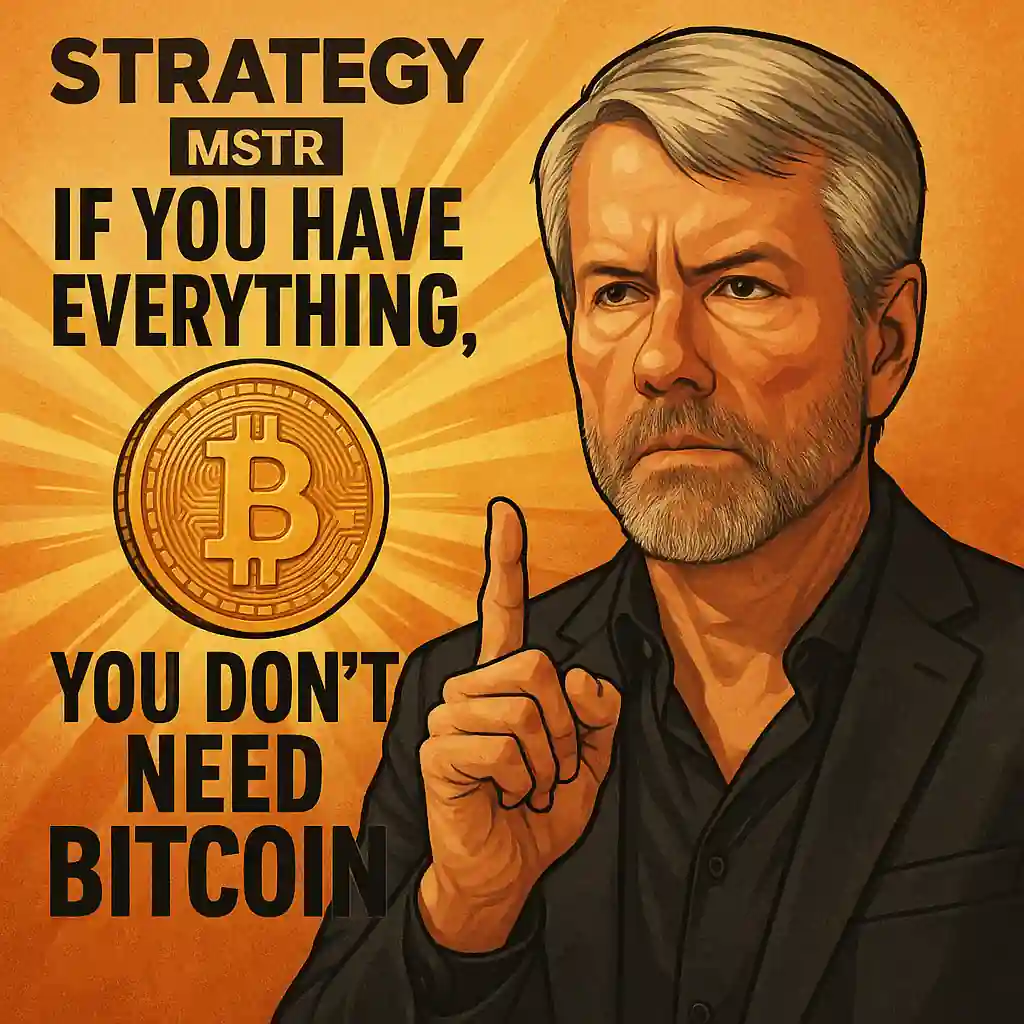 Michael Saylor raises a finger in a serious pose beside a glowing Bitcoin, with the quote “If you have everything, you don’t need Bitcoin.”