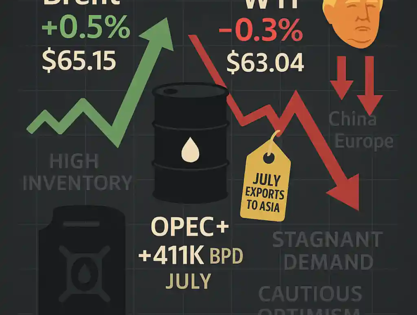 Infographic showing Brent +0.5% at $65.15 and WTI –0.3% at $63.04, with OPEC+ +411K BPD July hike, Saudi export price tag, Trump tariff arrows, and demand slowdown labels.