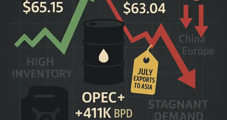 Infographic showing Brent +0.5% at $65.15 and WTI –0.3% at $63.04, with OPEC+ +411K BPD July hike, Saudi export price tag, Trump tariff arrows, and demand slowdown labels.