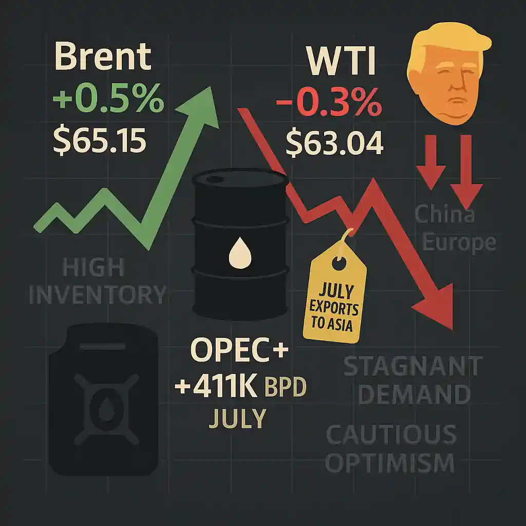 Infographic showing Brent +0.5% at $65.15 and WTI –0.3% at $63.04, with OPEC+ +411K BPD July hike, Saudi export price tag, Trump tariff arrows, and demand slowdown labels.