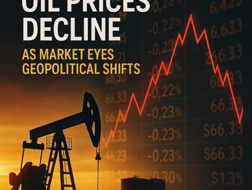 Financial infographic with oil pumpjack silhouette, red price chart showing decline, and text “Oil Prices Decline as Market Eyes Geopolitical Shifts.