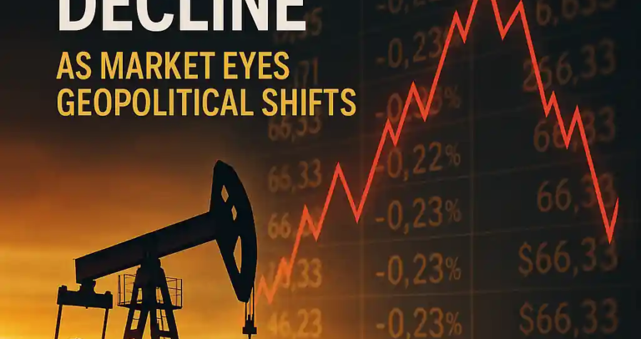 Financial infographic with oil pumpjack silhouette, red price chart showing decline, and text “Oil Prices Decline as Market Eyes Geopolitical Shifts.