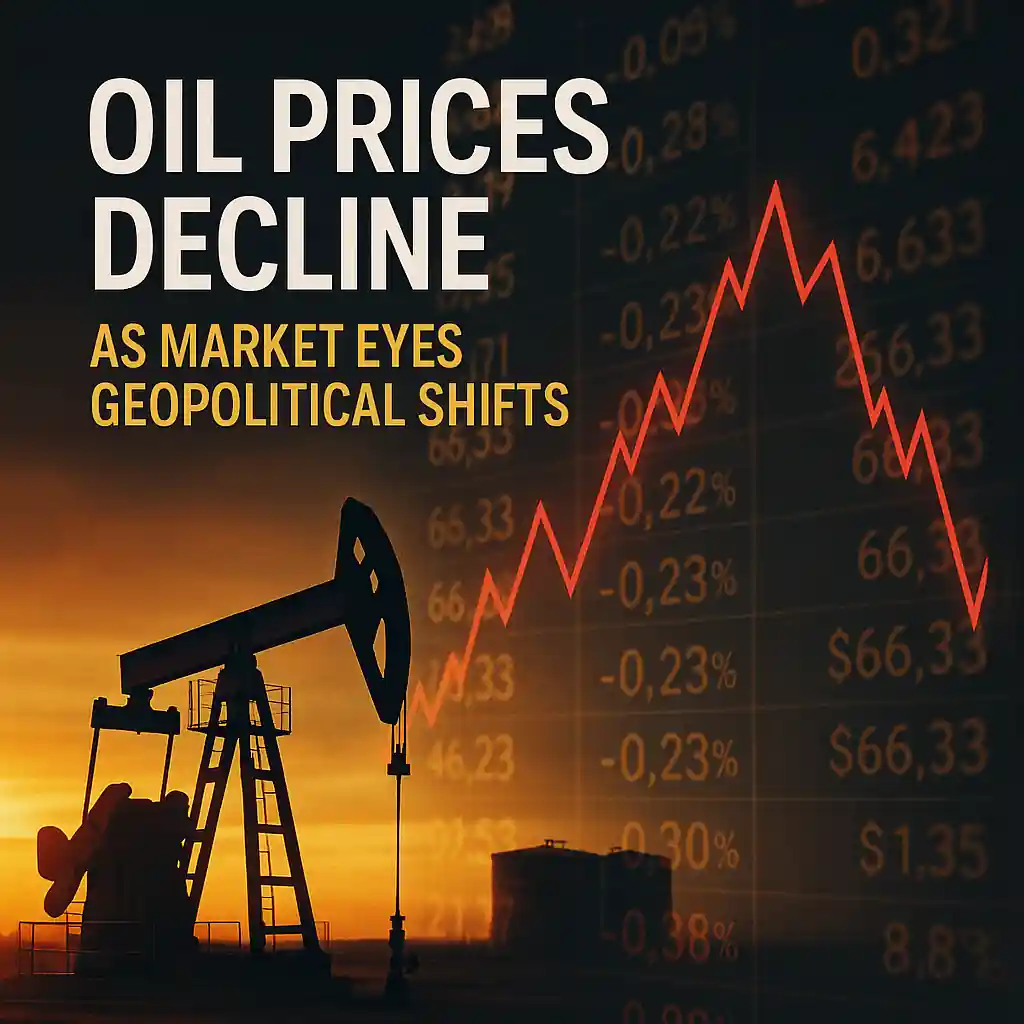 Financial infographic with oil pumpjack silhouette, red price chart showing decline, and text “Oil Prices Decline as Market Eyes Geopolitical Shifts.