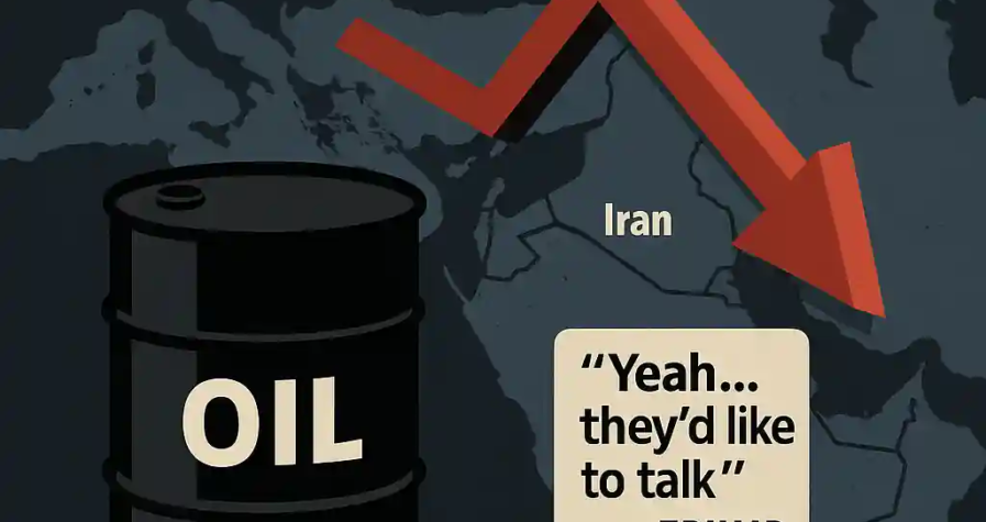 Flat-style infographic showing oil barrel, downward arrow over Middle East map, Trump quote, and headline about easing Iran-Israel tensions.