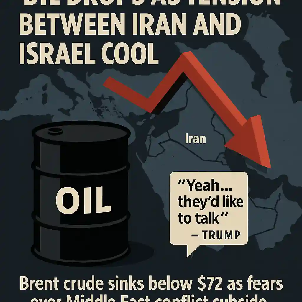 Flat-style infographic showing oil barrel, downward arrow over Middle East map, Trump quote, and headline about easing Iran-Israel tensions.