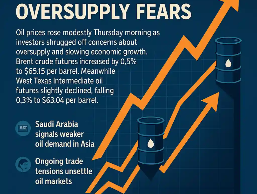 Infographic shows Brent oil at $65.15 and WTI at $63.04, with orange arrows rising over barrels, highlighting Saudi price cuts, trade tensions, and Fed rate cut expectations.