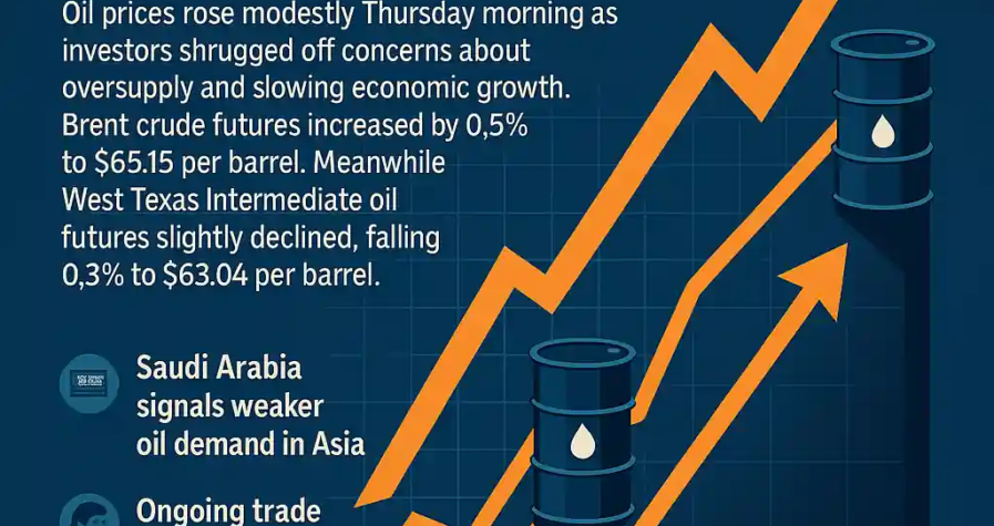 Infographic shows Brent oil at $65.15 and WTI at $63.04, with orange arrows rising over barrels, highlighting Saudi price cuts, trade tensions, and Fed rate cut expectations.