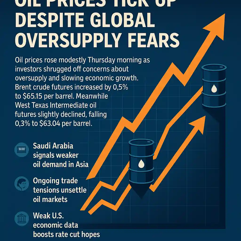 Infographic shows Brent oil at $65.15 and WTI at $63.04, with orange arrows rising over barrels, highlighting Saudi price cuts, trade tensions, and Fed rate cut expectations.
