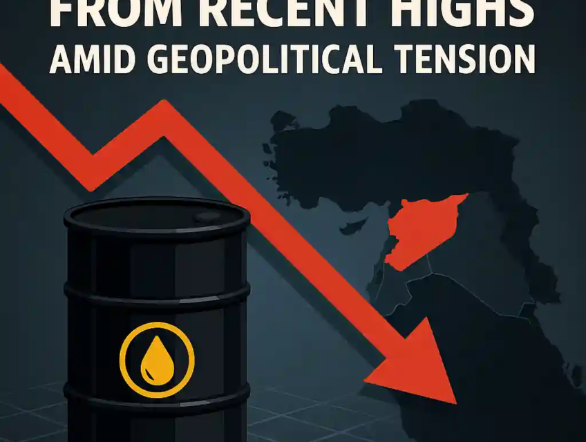 Digital infographic showing oil barrel, red downward arrow, and a simplified map of the Middle East as oil prices fall amid geopolitical tension.