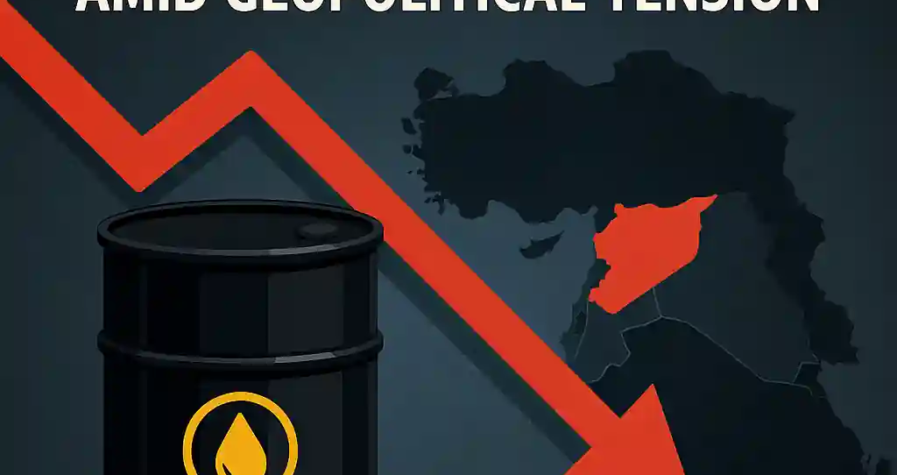 Digital infographic showing oil barrel, red downward arrow, and a simplified map of the Middle East as oil prices fall amid geopolitical tension.