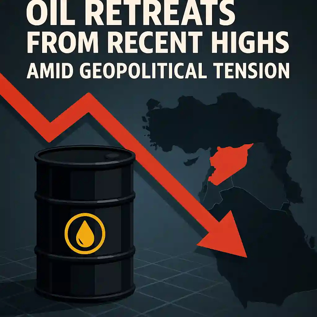 Digital infographic showing oil barrel, red downward arrow, and a simplified map of the Middle East as oil prices fall amid geopolitical tension.